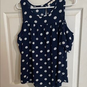 Navy Polka Dot Sleeveless Top with off the shoulder sleeves